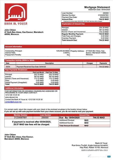 Download Morocco Bank Al Yousr mortgage statement Word and PDF template Photoshop template